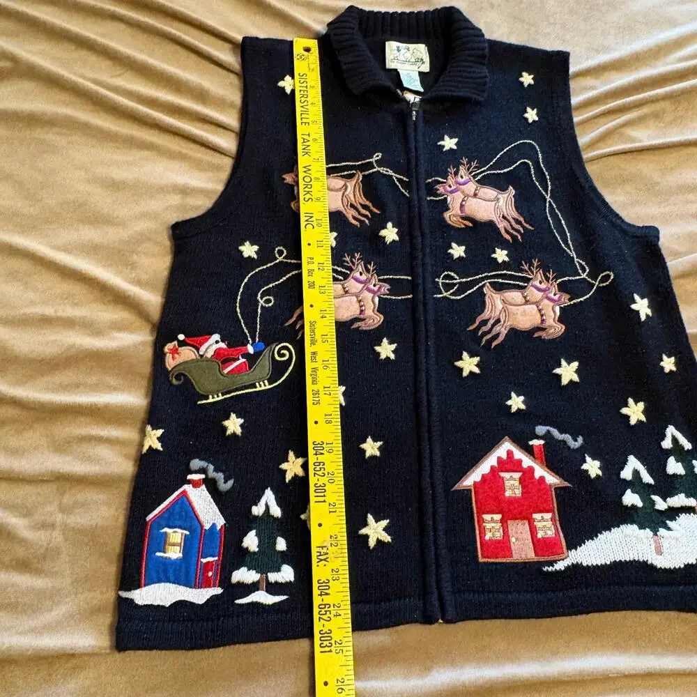 The Quacker Factory Black Embroidered Santa Christmas Reindeer Vest Ugly M